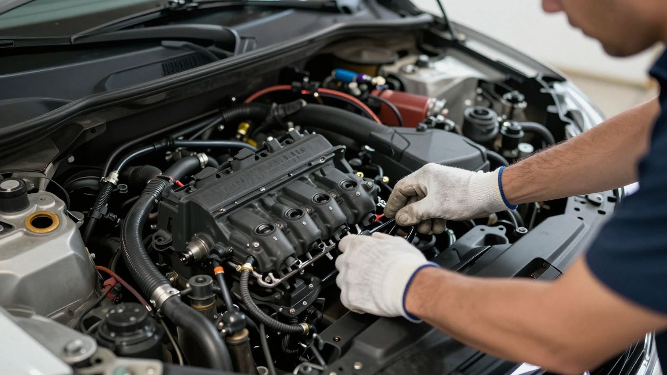Mechanic inspecting engine wiring and emissions components