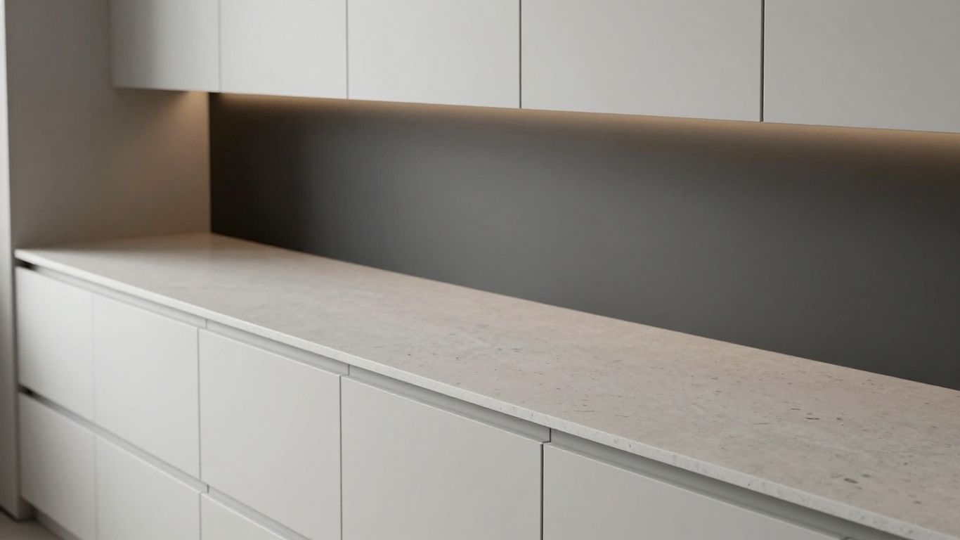 Modern kitchen breakfast bar with quartz worktop.