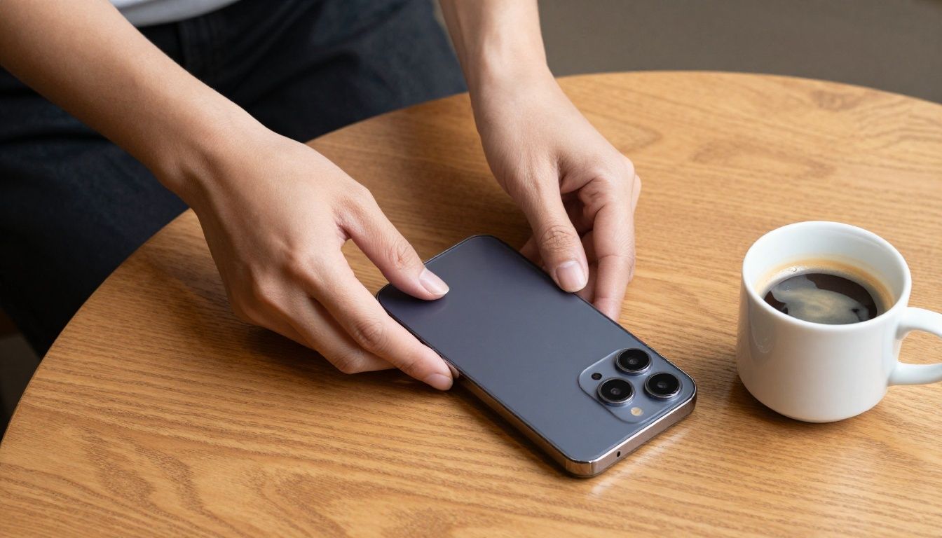 A person carefully placing their new Galaxy S25 on a wooden cafe table next to a cup of coffee.