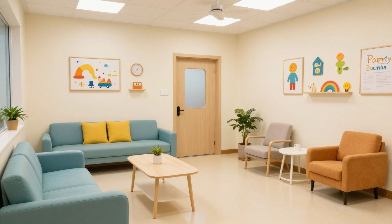 A warm and welcoming pediatric office waiting area with soft lighting and child-friendly decor
