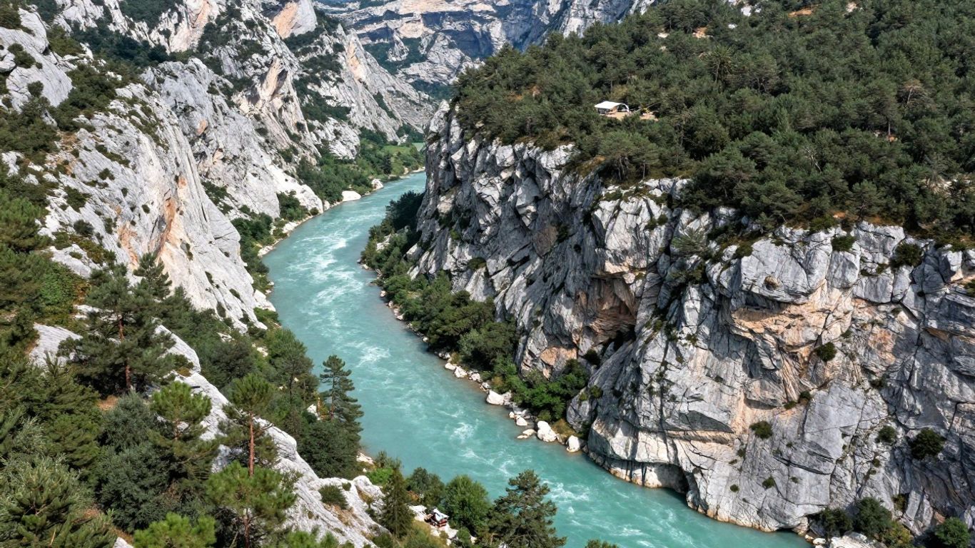 Turquoise river winding through limestone canyon cliffs