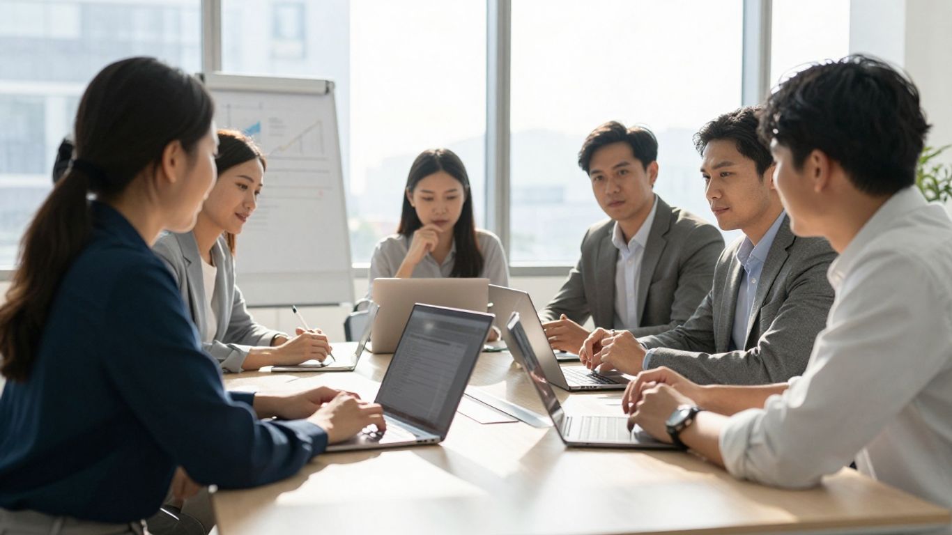 Team collaborating in a modern office with sunlight.
