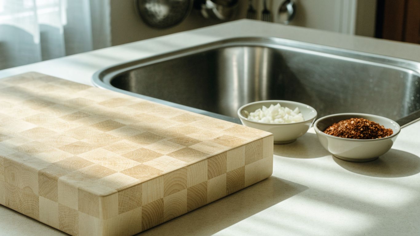 Maple end grain board beside bowls and a kitchen sink