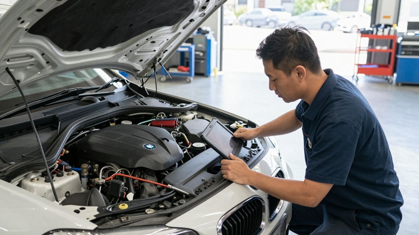 Mechanic inspecting an engine beside a BMW