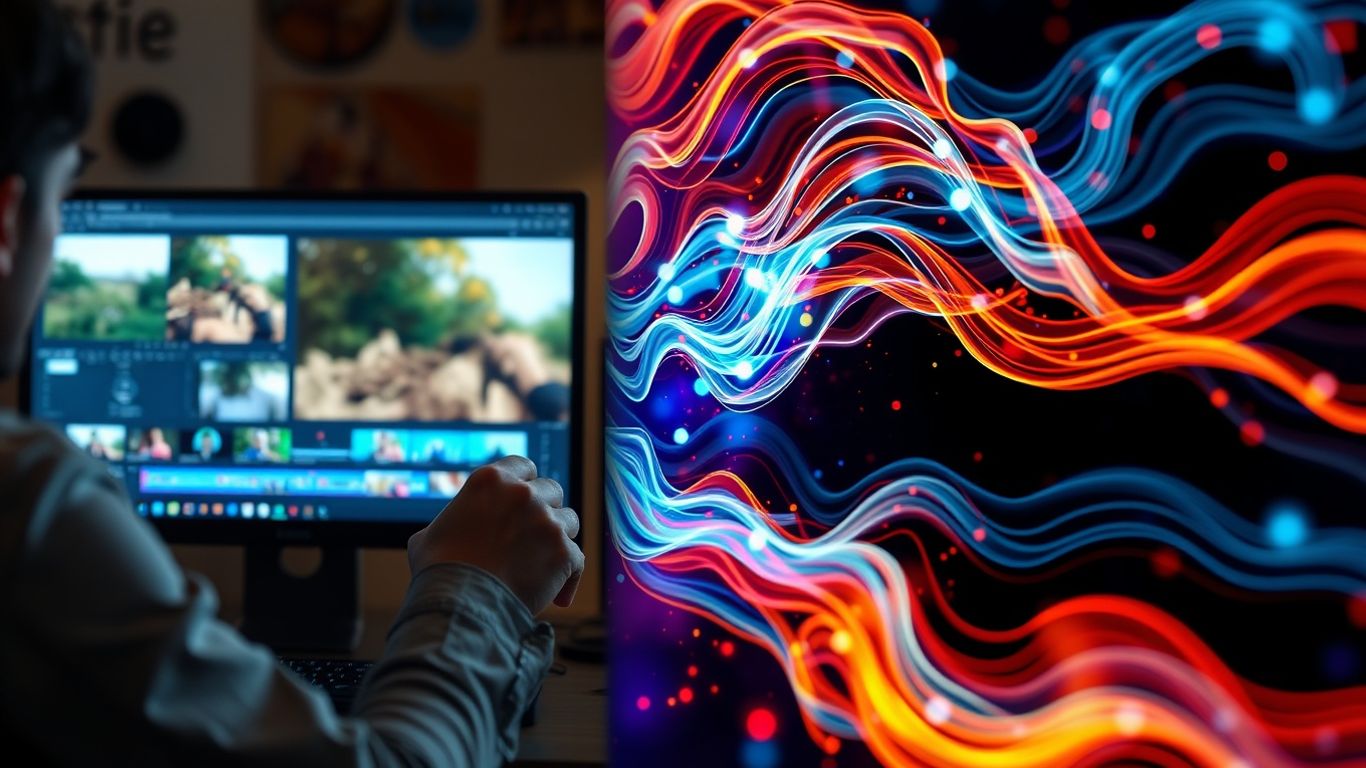 AI video editing software interface and abstract content flow.