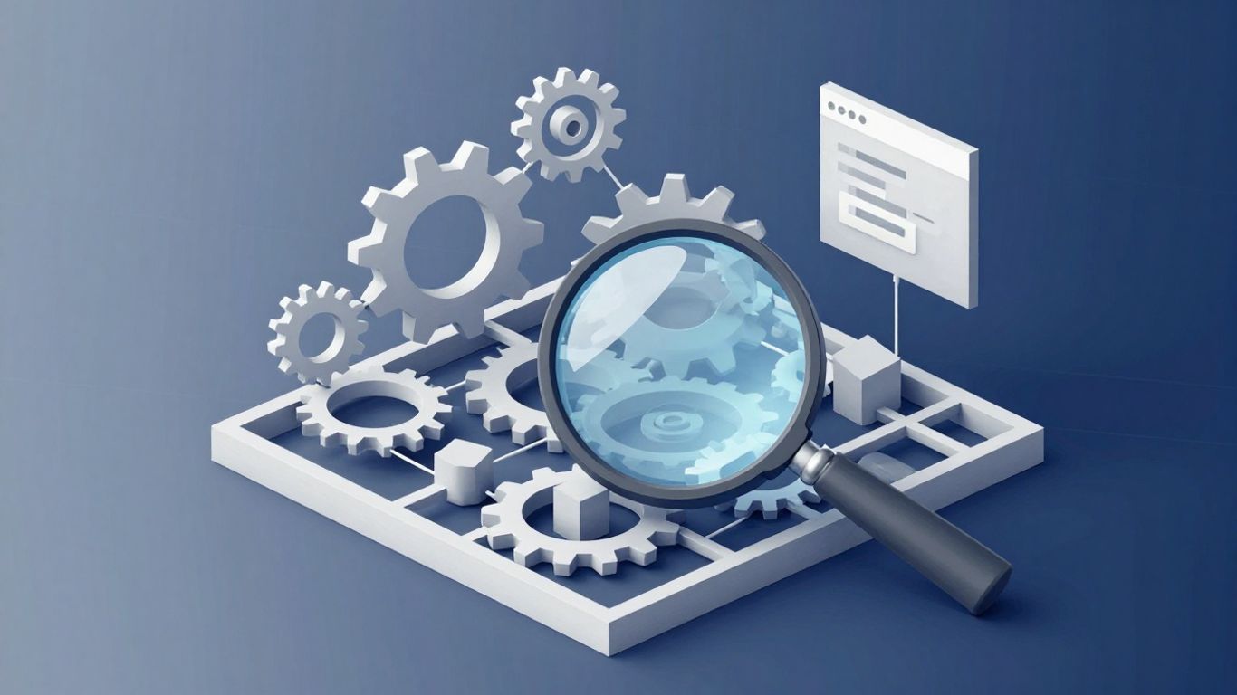 Website blueprint with gears and magnifying glass on foundation.