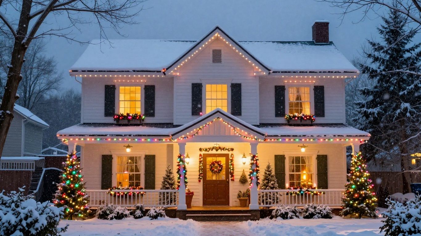 Festive house with Christmas lights and falling snow.