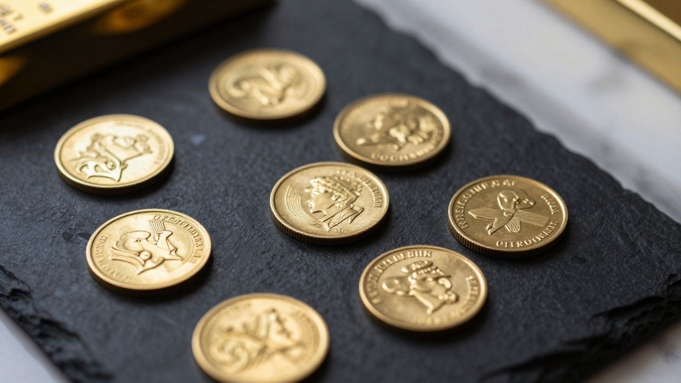 金色首饰和金条摆放在深色背景前。