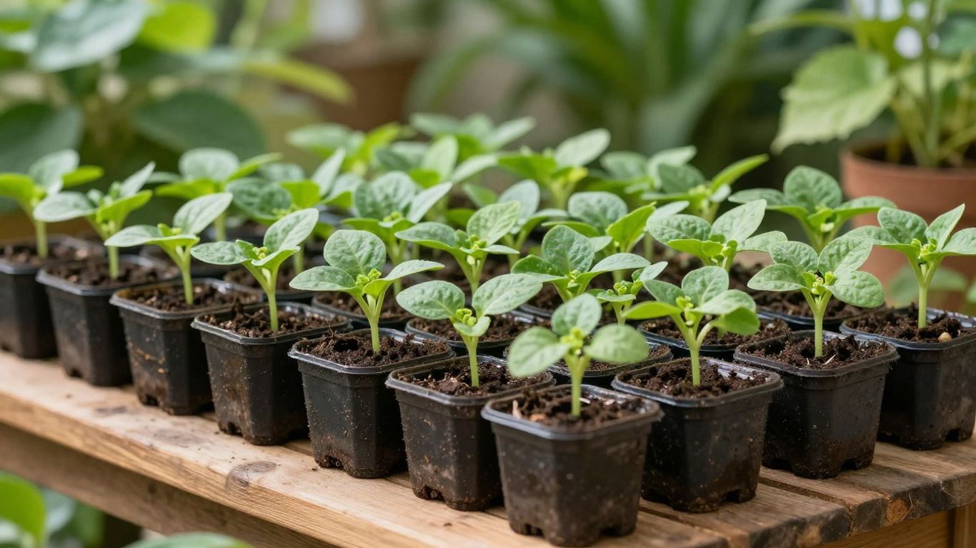 Viele junge Setzlinge in Töpfen im Garten