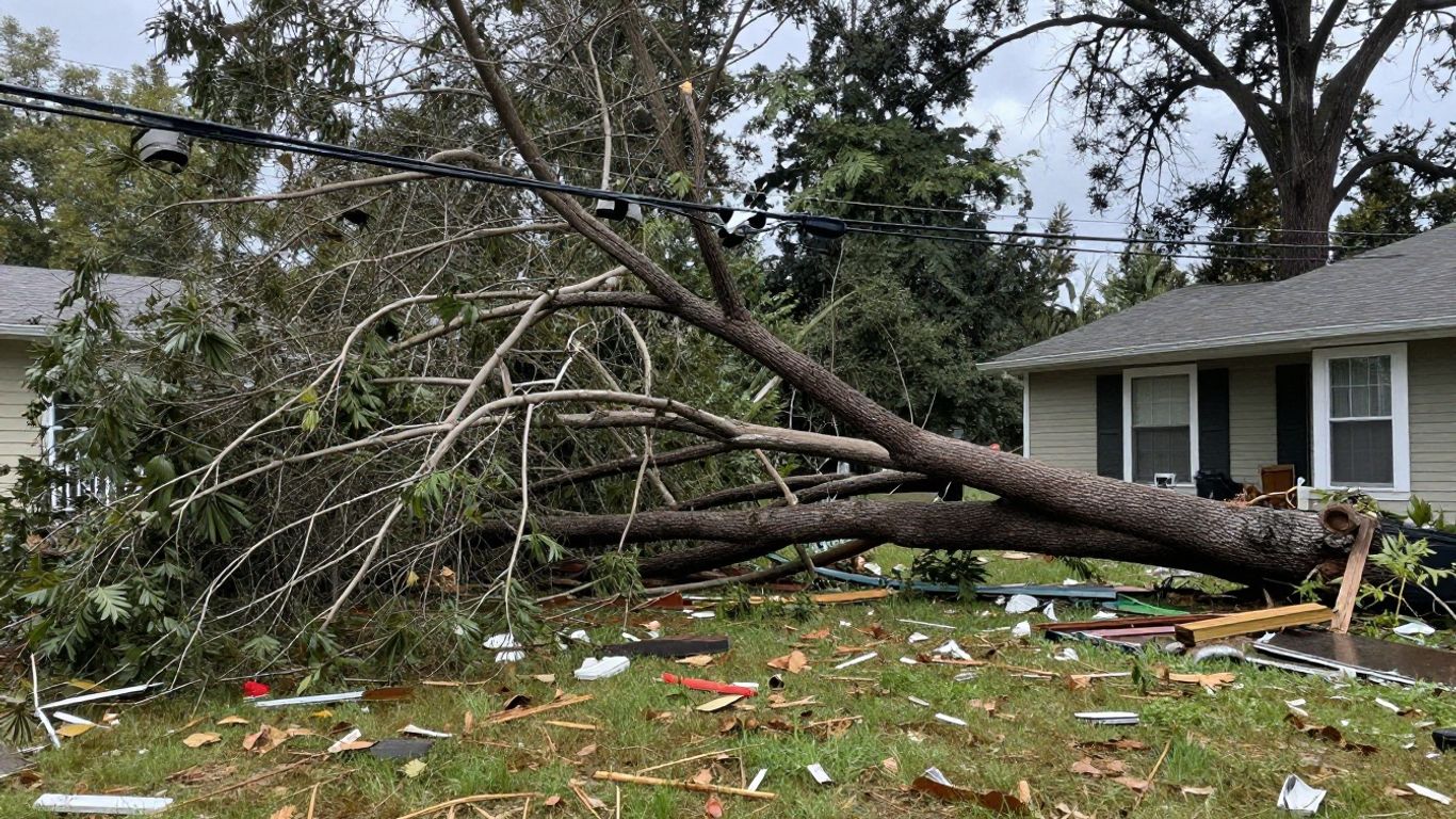 Fallen tree near power lines after a storm.