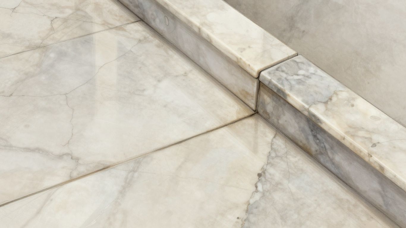 Marble tile floor showing wear and polish contrast.