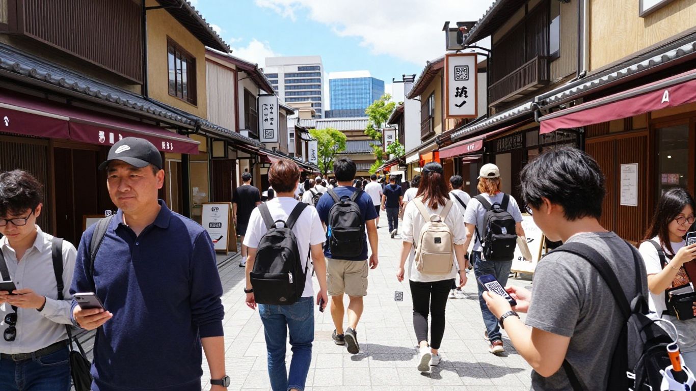 Japanese shoppers using smartphones for tax-free shopping.