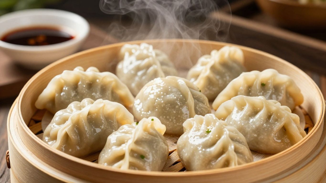 Steamed momos in a bamboo steamer basket