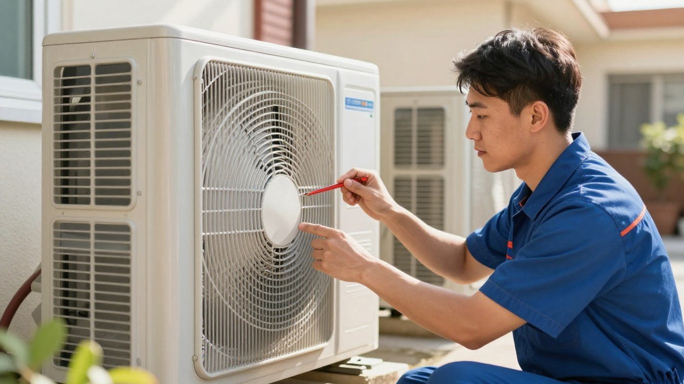 HVAC technician working on an outdoor air conditioning unit.