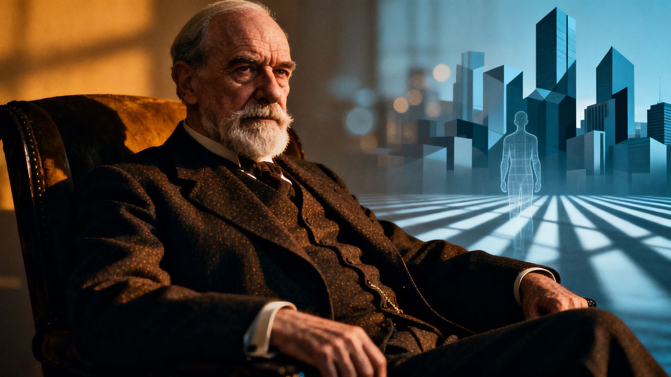 Sigmund Freud portrait with modern city background.