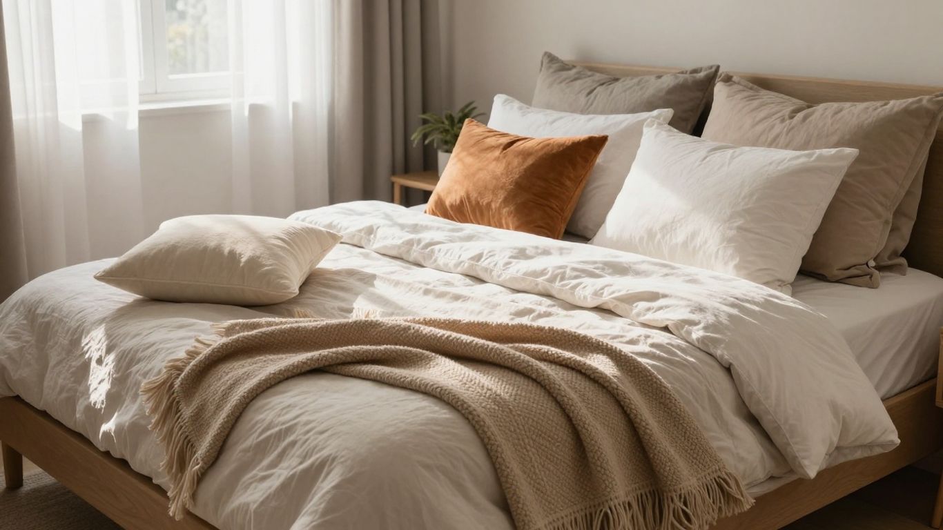 Cozy bed with decorative throw pillows.