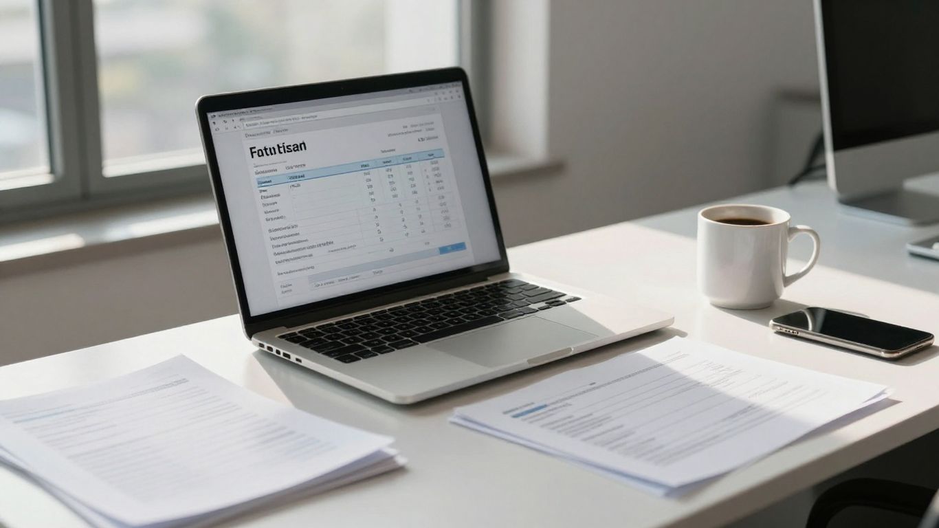 Unternehmer am Schreibtisch mit E-Rechnung auf Laptop