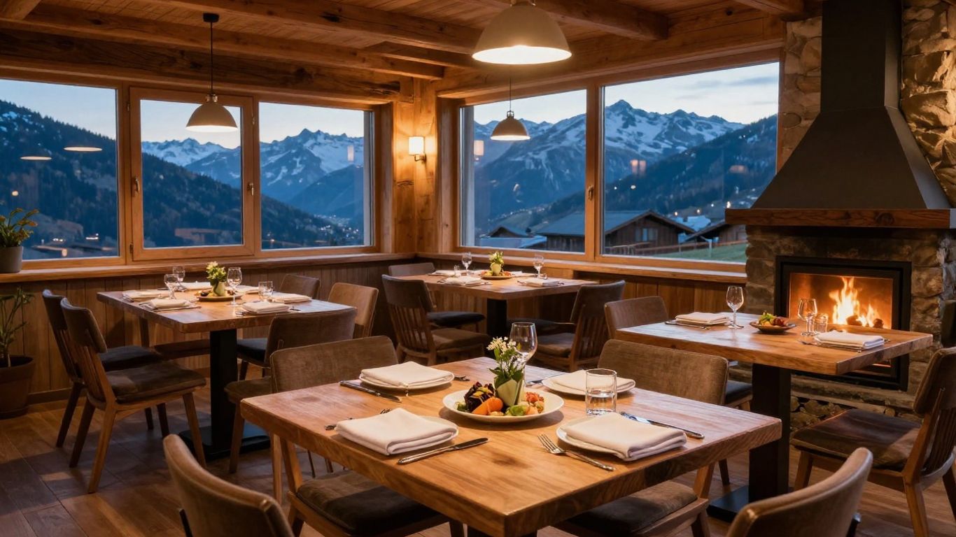 Warm restaurant interior with mountain views