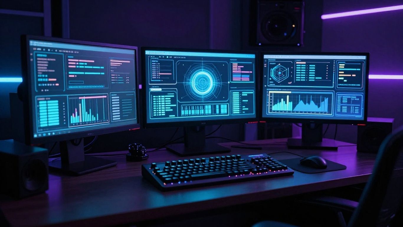 A futuristic synthwave style studio workspace