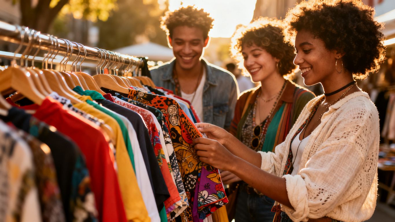 Menschen stöbern in einem Secondhand-Kleidergeschäft.