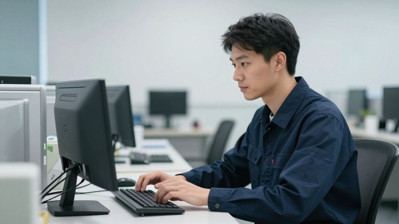 Técnico trabajando en computadora, minimizando tiempo de inactividad.