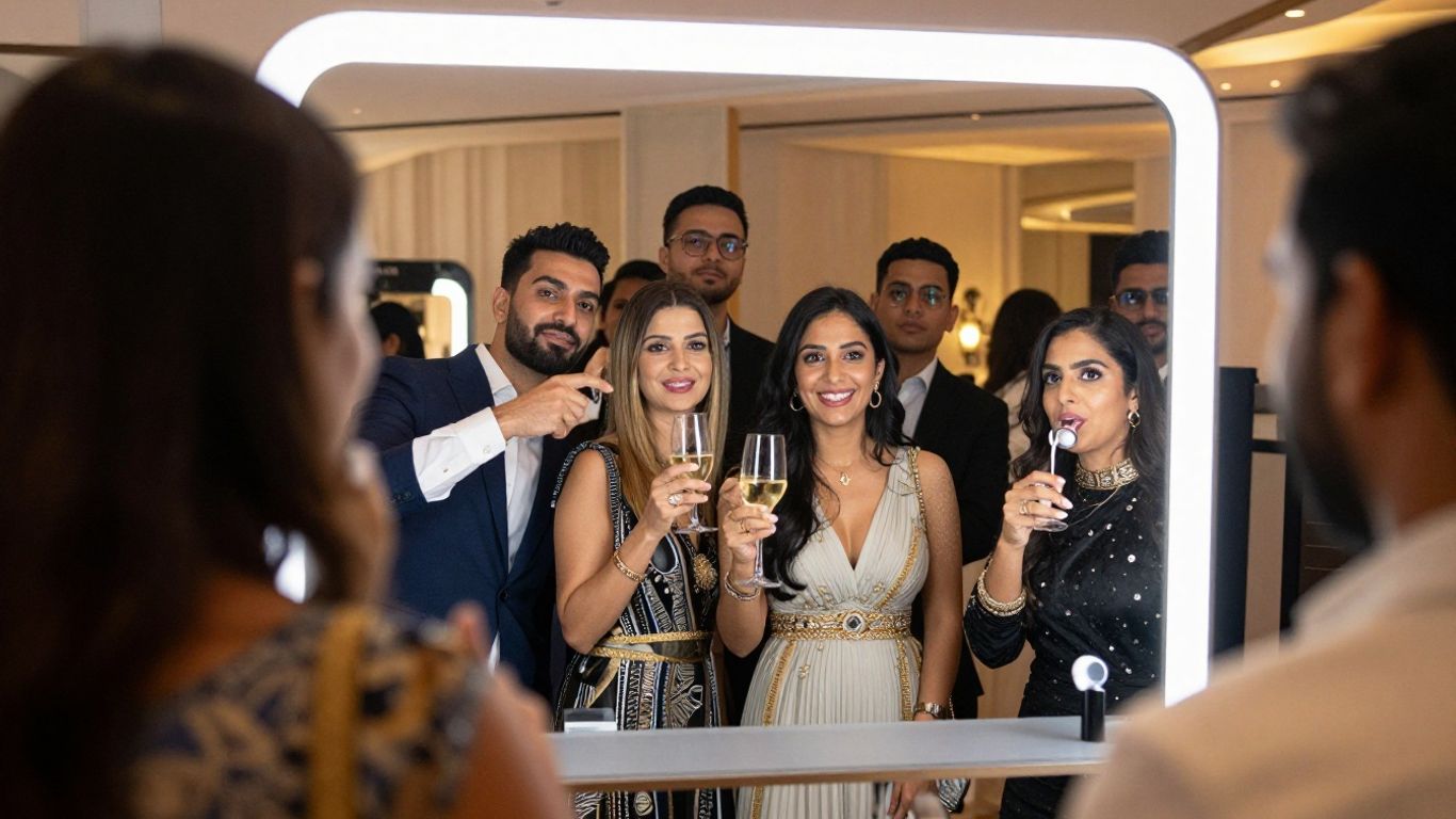 Corporate event guests using a magic mirror photo booth.