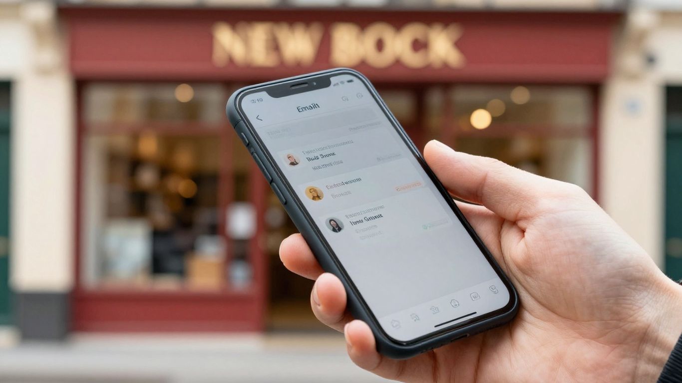 Local business owner using a smartphone for cold email outreach.