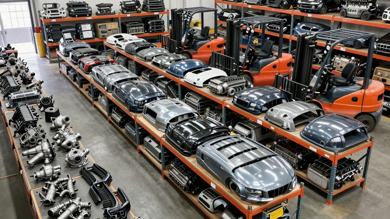 Mitsubishi car parts in a warehouse