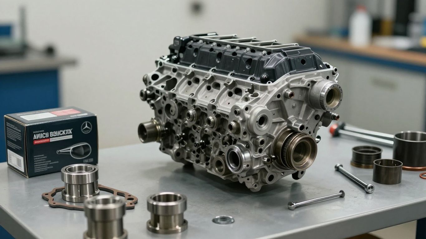 Mercedes engine parts arranged in workshop