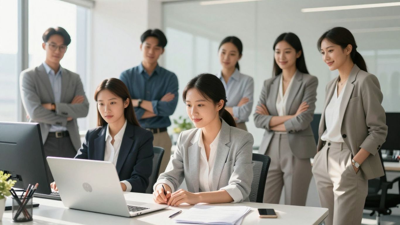 Diverse professionals collaborating in a modern office.