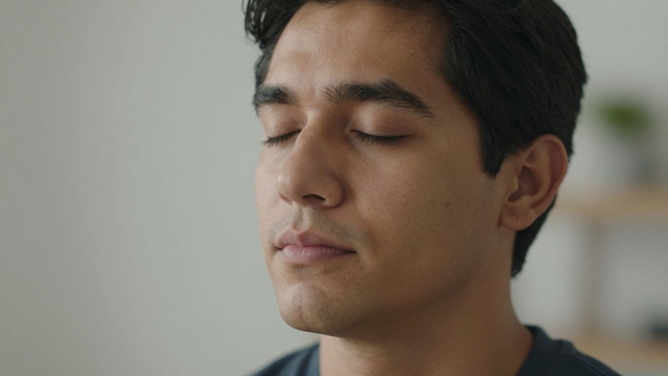 Persoană calmă respirând adânc în mijlocul tensiunii.