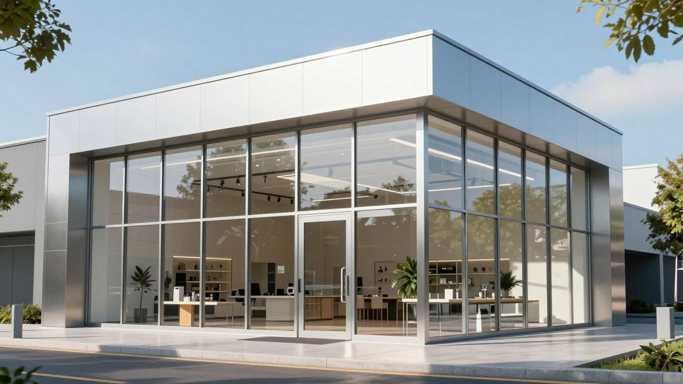 Modern aluminium shopfront with large glass panels.