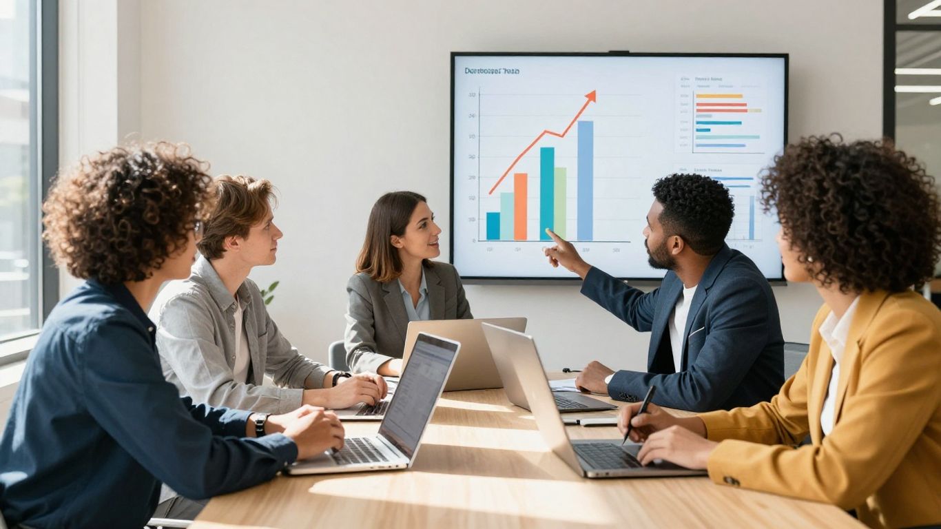 Business professionals discussing growth strategies in an office.