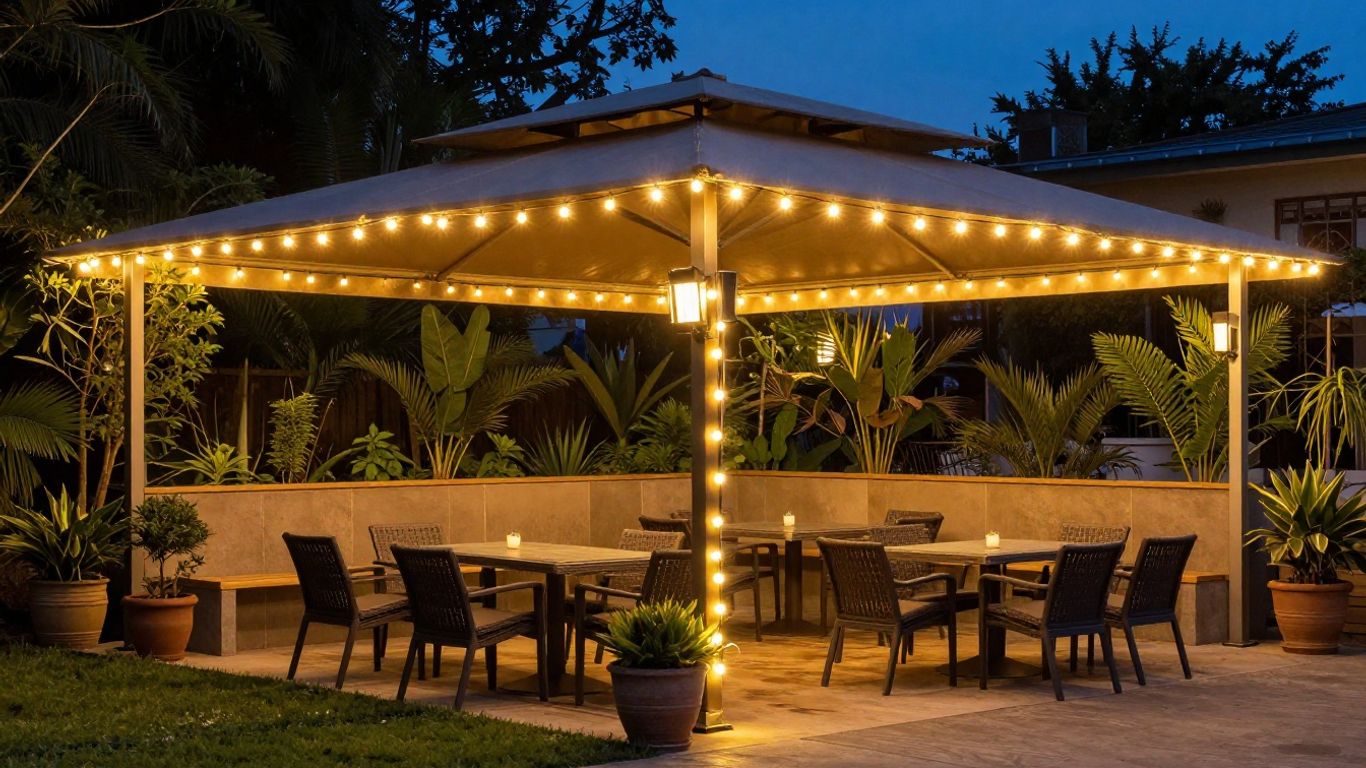 Feit Electric LED string lights illuminating an outdoor patio.