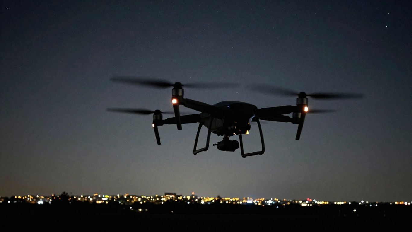 Drone flying at night with city lights below.