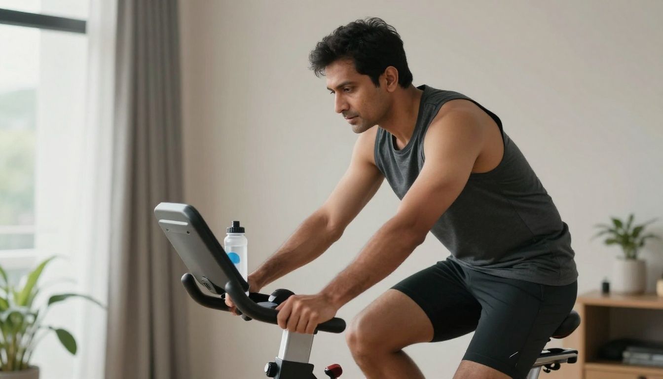 A fit man in his 40s, of South Asian descent, on a stationary bike in a well-lit home gym, looking focused and maintaining a steady pace, with a water bottle nearby.