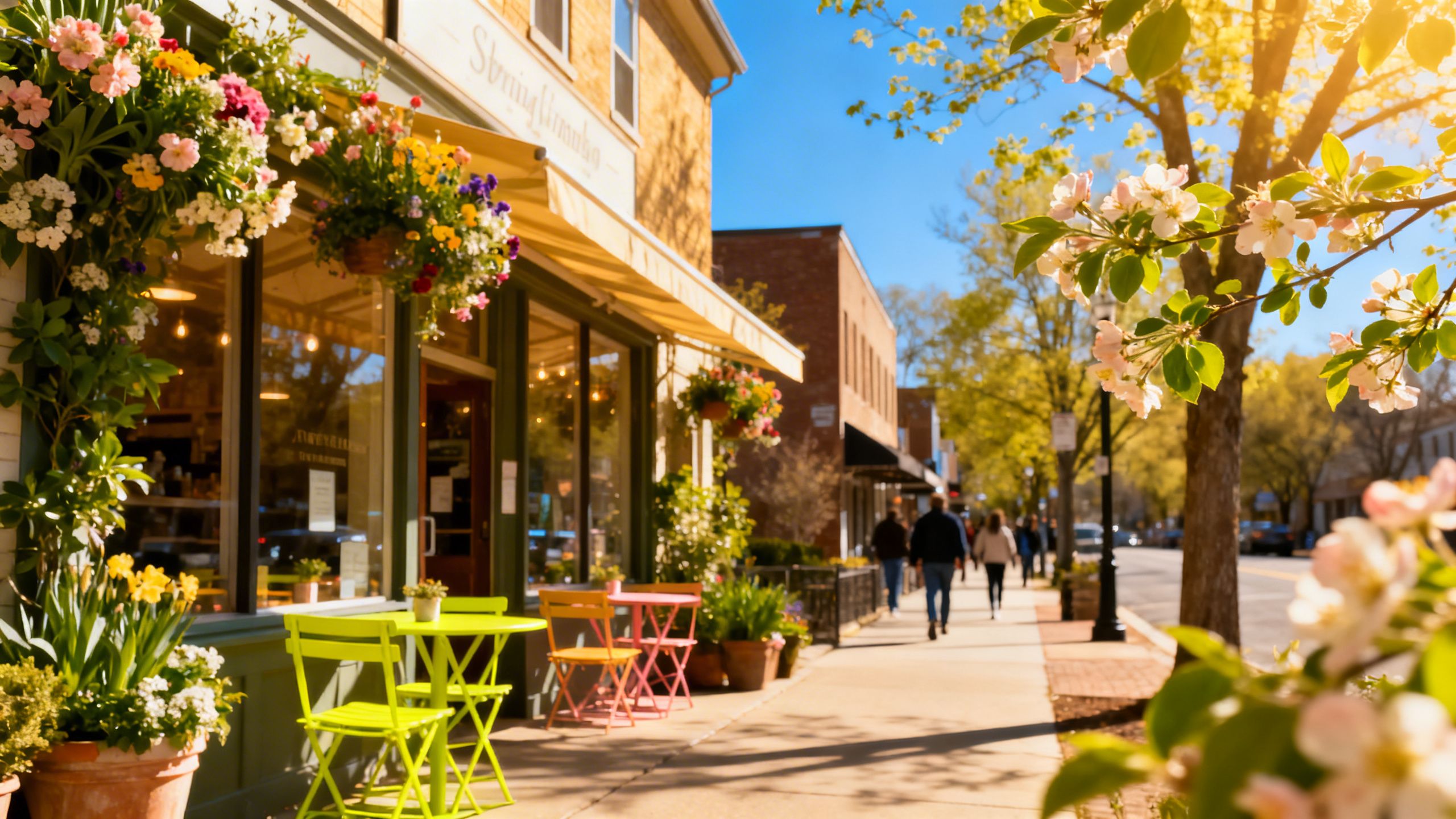 Local storefront with spring flowers and people walking by.