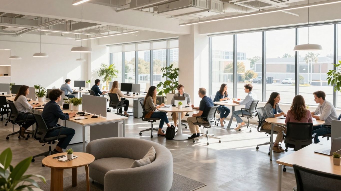 Oficina moderna con espacios de trabajo híbridos y luz natural.