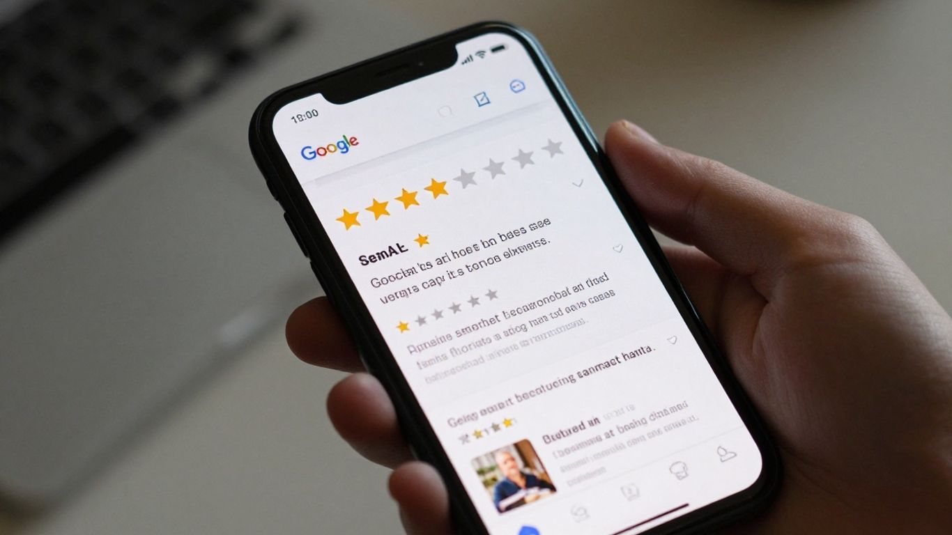 Google reviews search results on a smartphone screen.