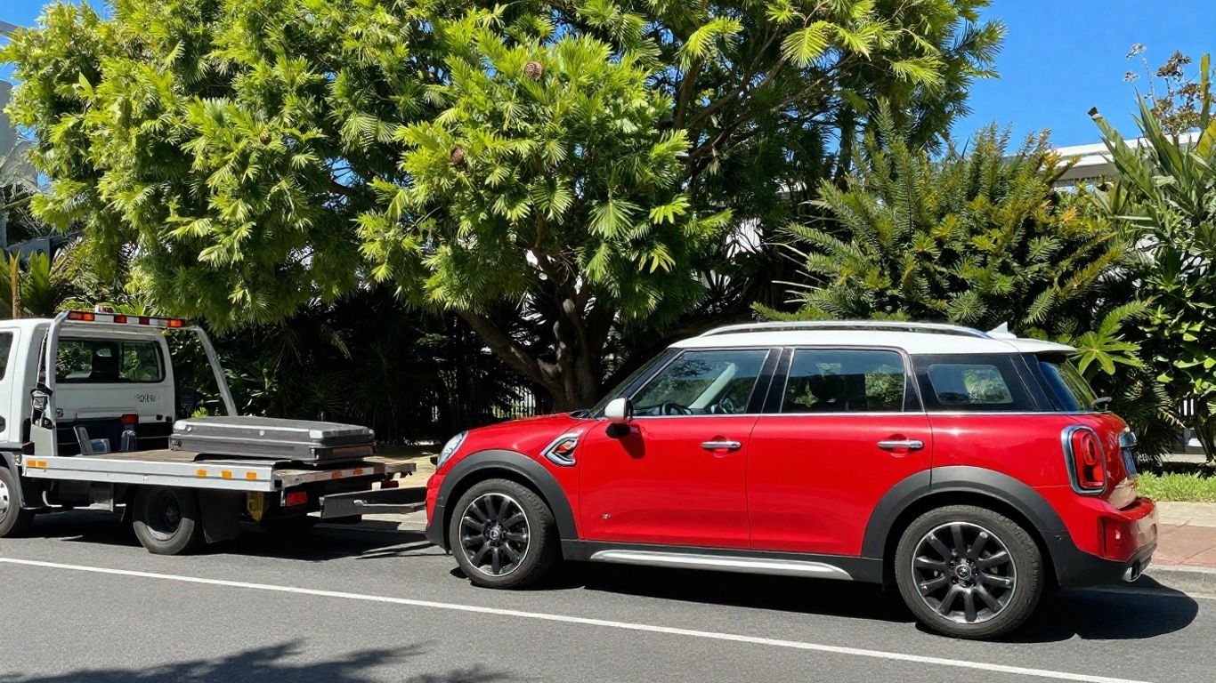 Mini Cooper Countryman being loaded onto a tow truck.