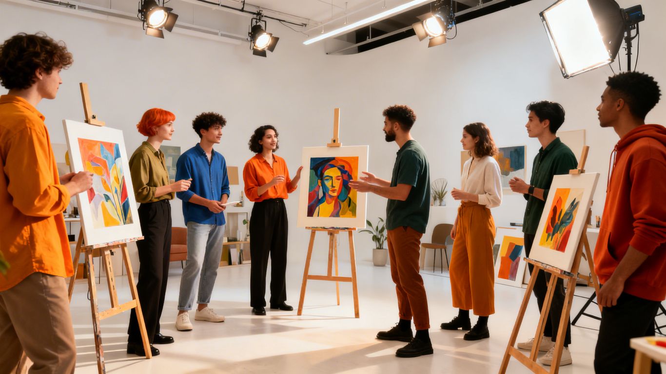 Diverse individuals presenting creative work in a professional setting.