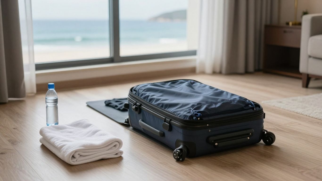 Traveler practicing yoga near packed luggage