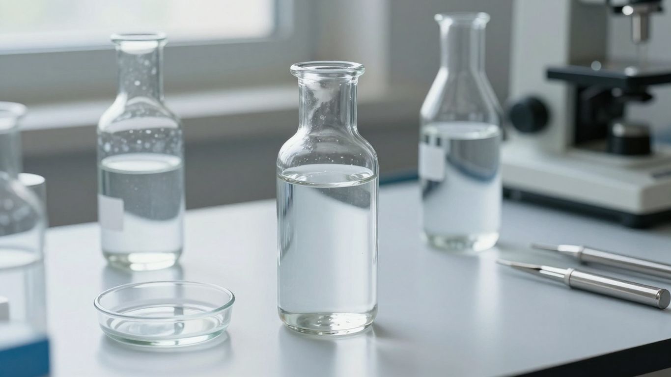 Clear glass laboratory bottles containing pale silver liquid