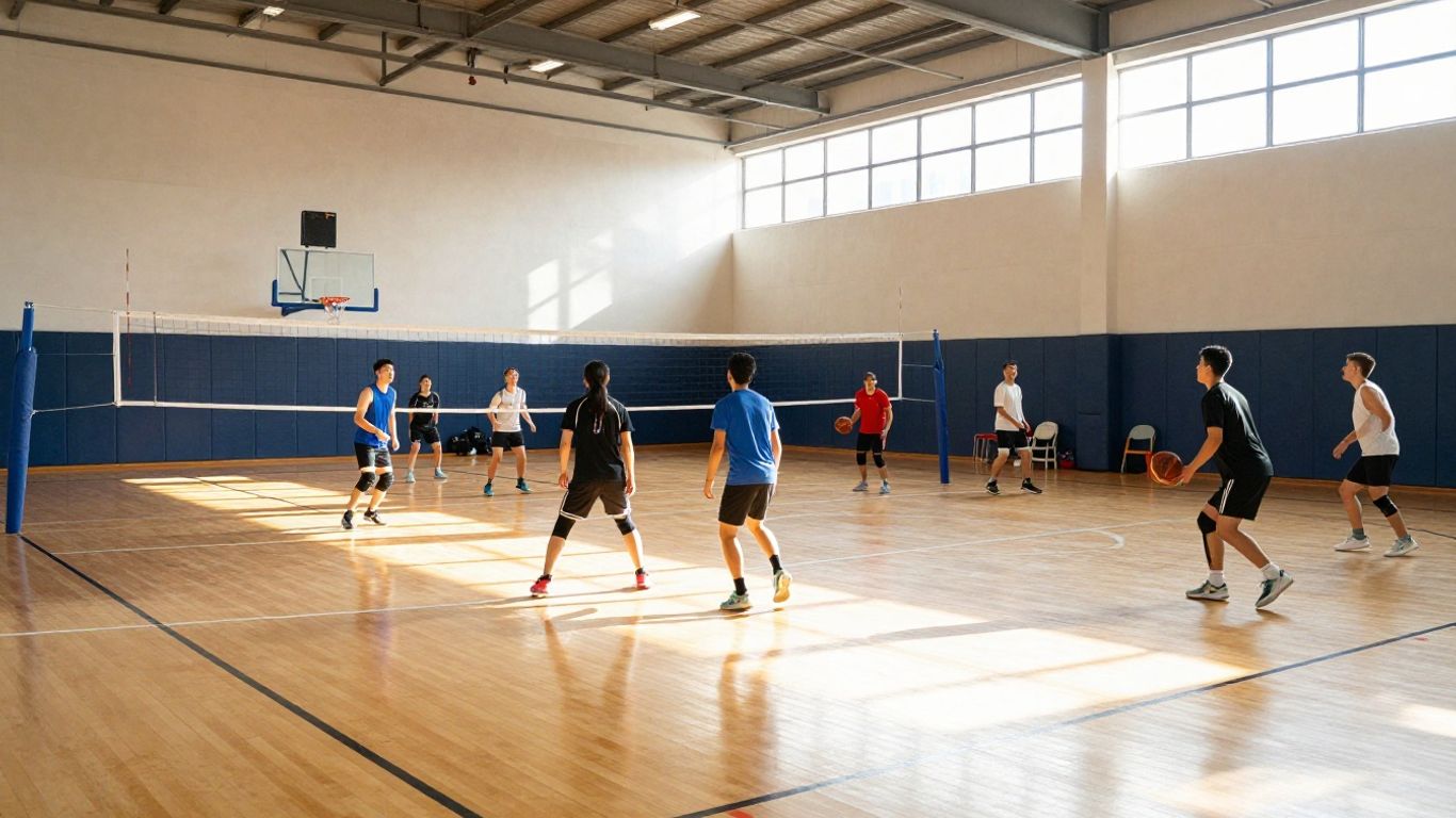 People playing indoor sports like basketball and volleyball.