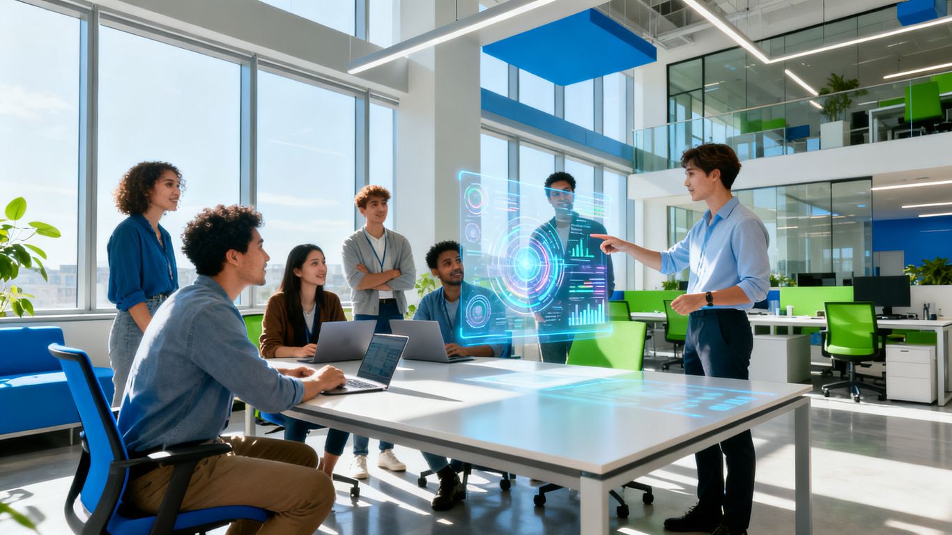 Team collaborating in a modern office with holographic display.