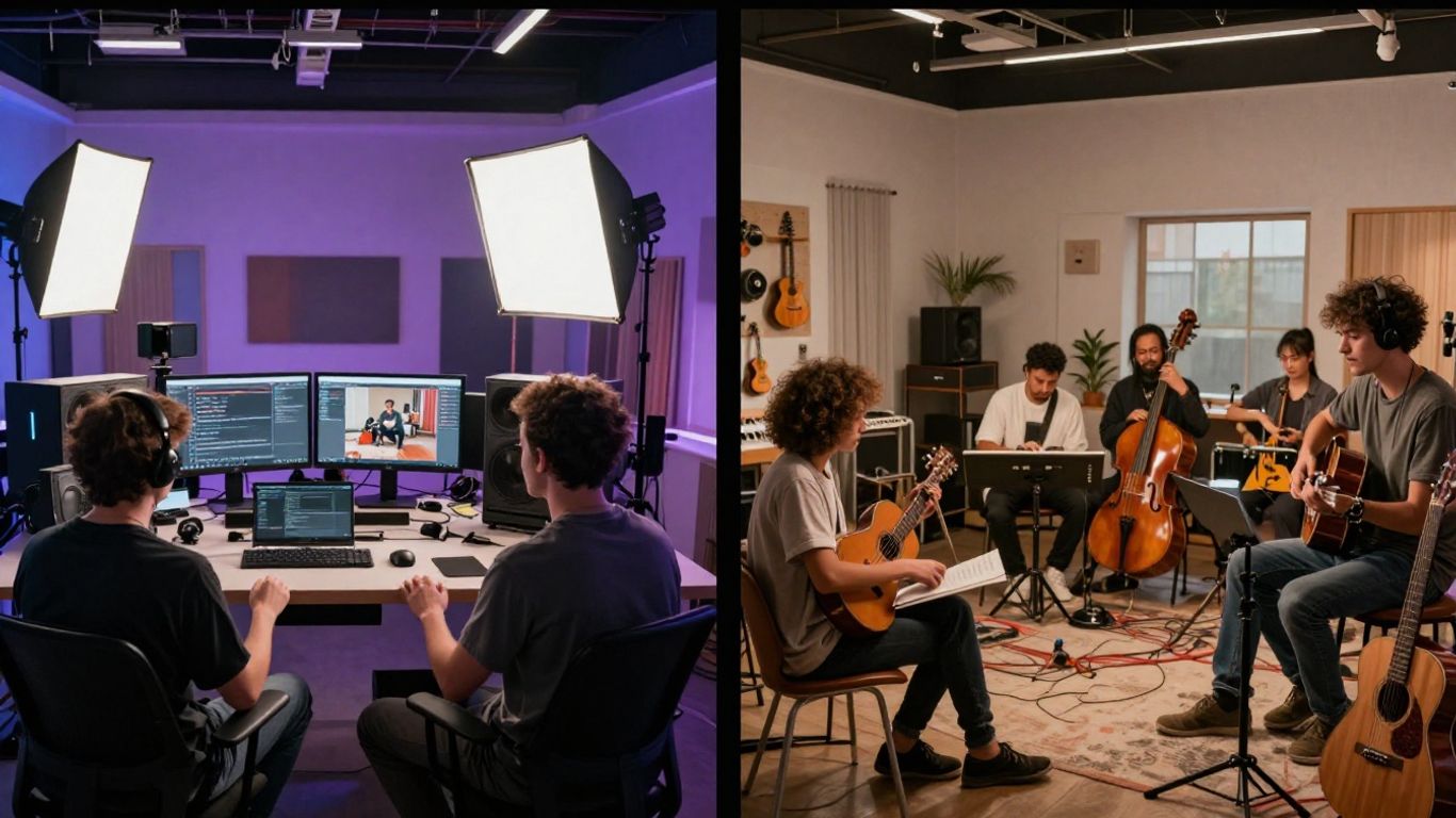 Music video production comparison: studio vs. creative space.