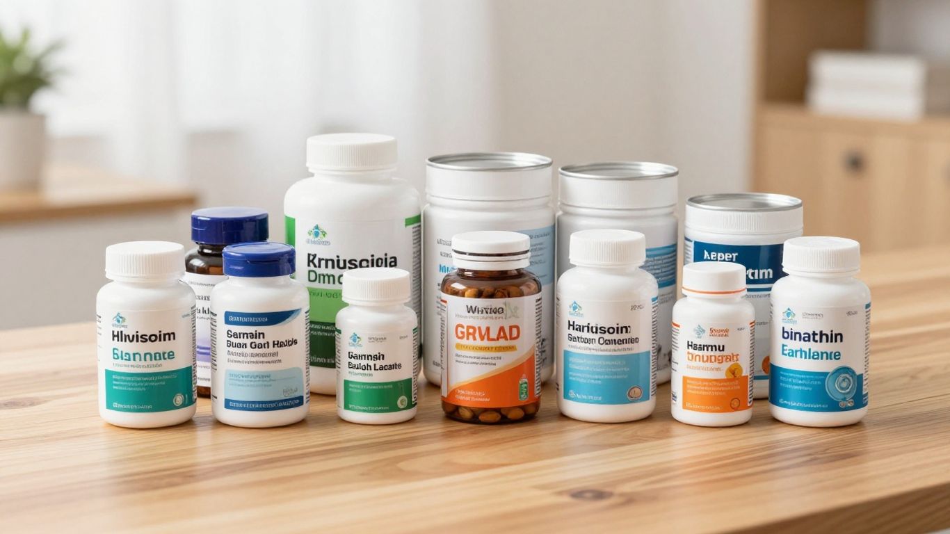 Assorted colorful health and wellness supplement bottles