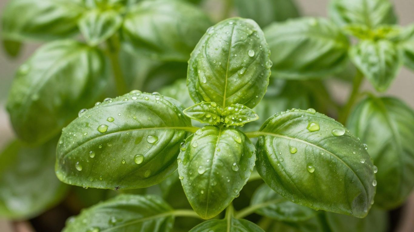 Folhas de manjericão fresco com gotas de água.