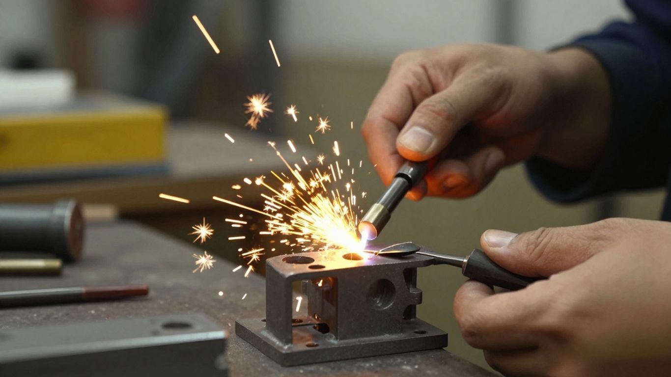 Hands fabricating metal with sparks flying.
