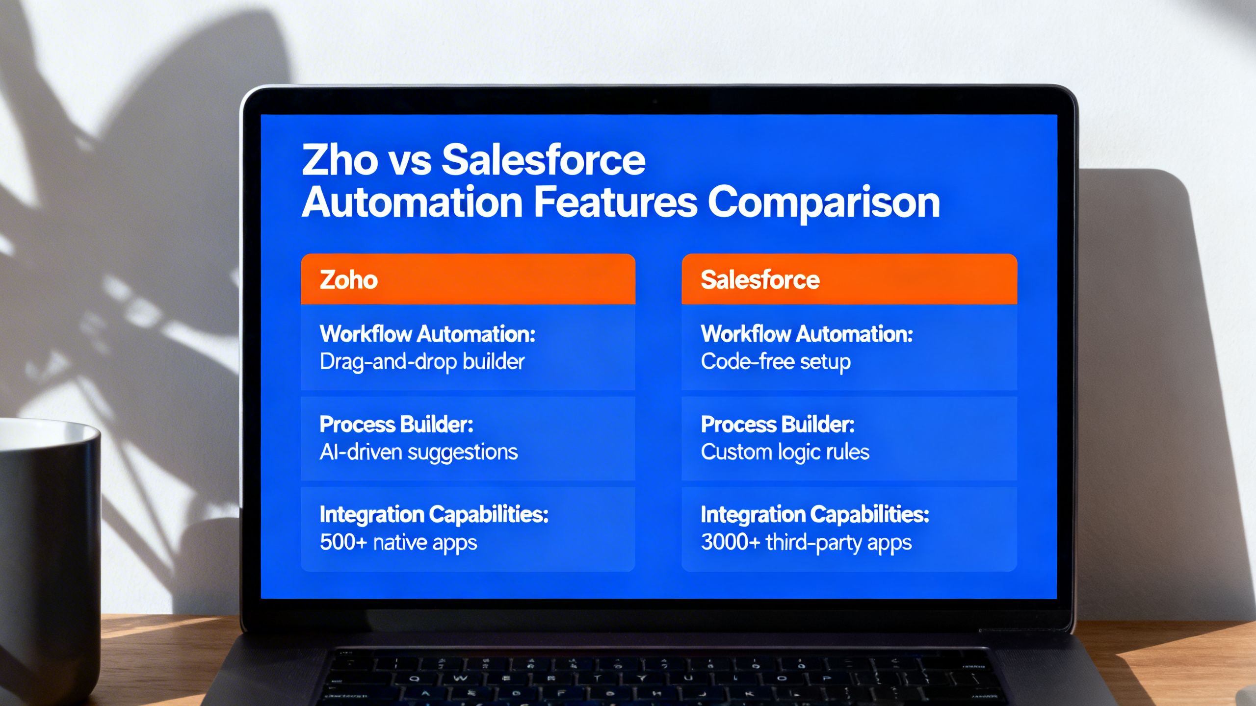 A side-by-side comparison chart of Zoho vs Salesforce automation features on a computer screen
